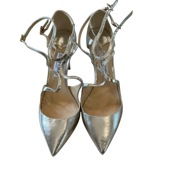 Jimmy Choo silver metallic leather pumps size 41 strappy heels pointy toe - Image 2