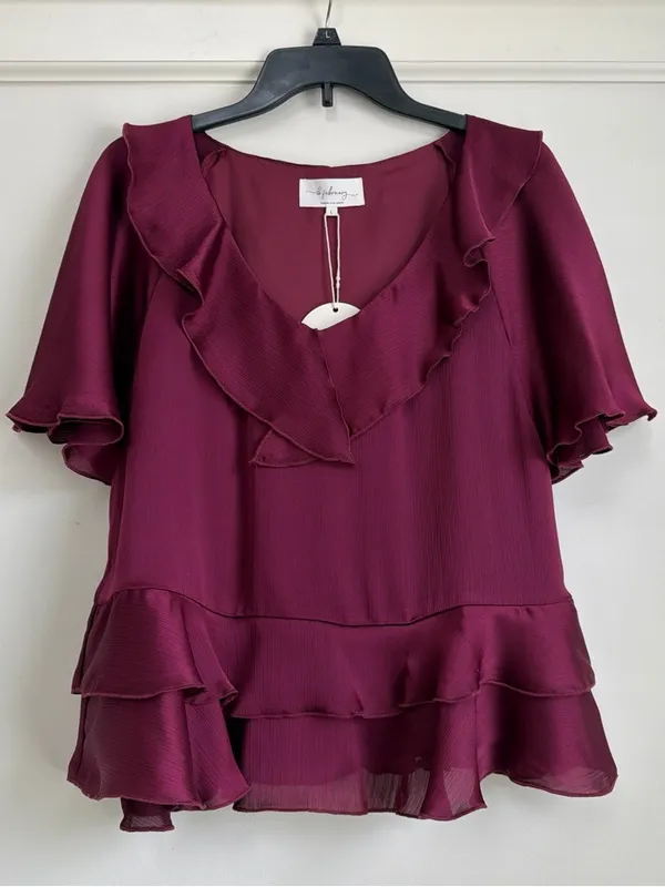 in february Burgundy Crinkled Ruffle V-Neck Flutter Sleeve Tiered Peplum Blouse - Image 4