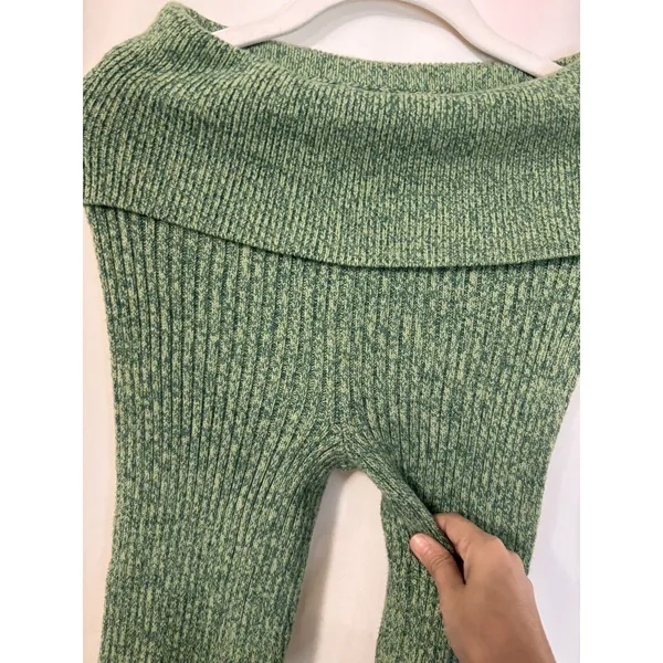 Aerie women’s XS Ribbed Knit High Waisted Flare Pants Green stretch foldover boh - Image 13