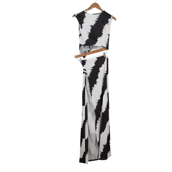 Black White Jagged Stripe 2 Piece Maxi Dress Set Sleeveless Wrap Top Small - Image 3