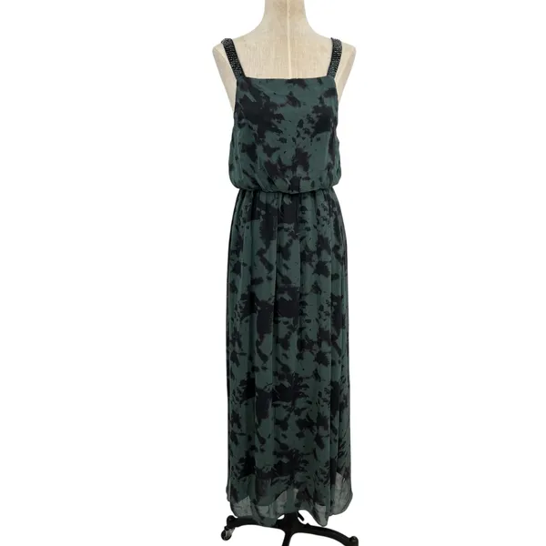 Zara Maxi Dress Tie‎ Dye Printed Chiffon Beaded Straps Green Size Small - Image 3