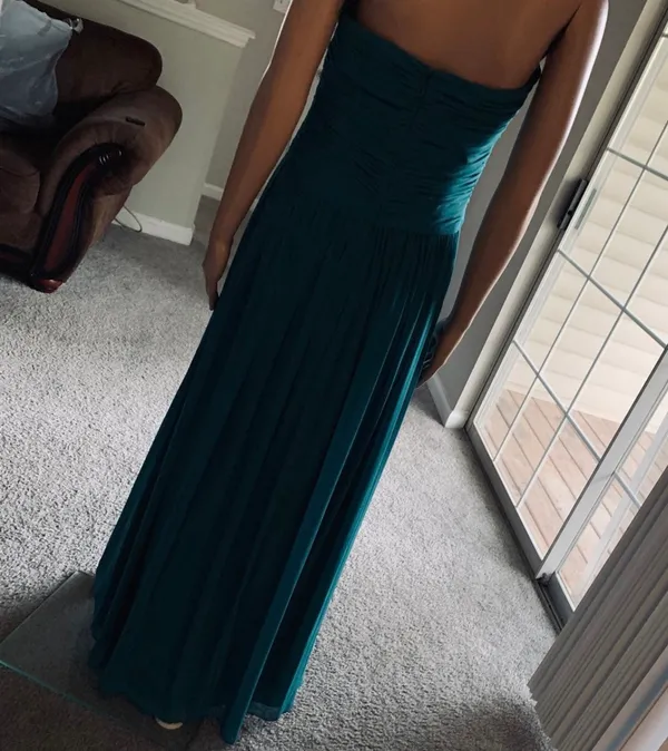 Dessy collection by Vivian Diamond Strapless Teal Chiffon Evening Dress - Image 5