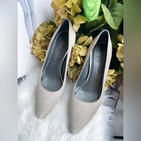 Stuart Weitzman Casual Beige Textured Block Heel Pumps Pointed Toe Women's Shoes - Image 8