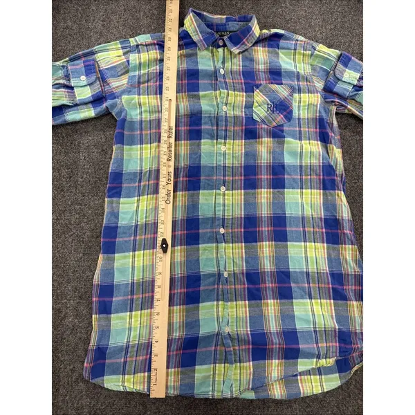 Lauren Ralph Lauren Madras Plaid Shirt Womens M Blue Green Pink RL Monogram - Image 4