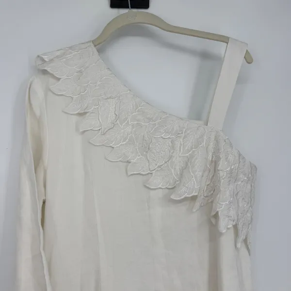 Vintage JSong White 100% Linen One Shoulder Embroidered Leaf‎ Maxi Dress 8 - Image 3