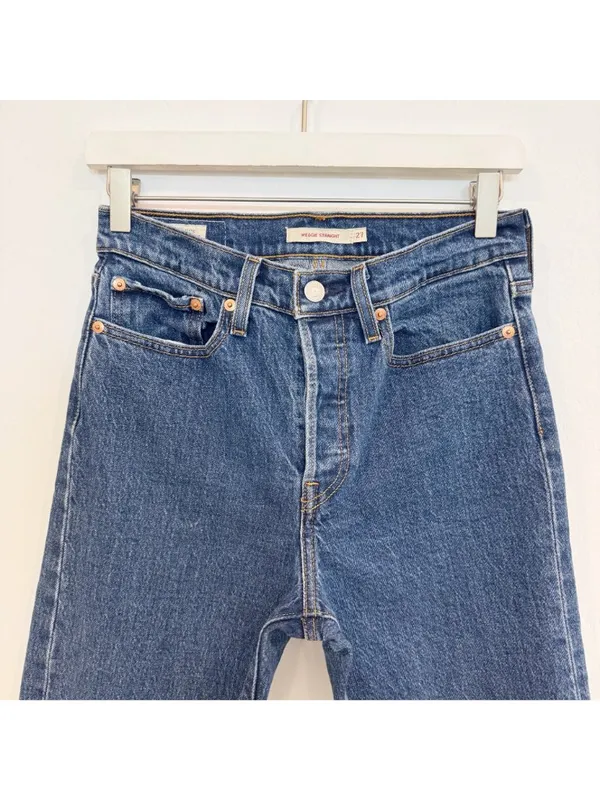 Levis Wedgie Jeans Size 27 Blue Dark Wash Frayed Raw Hem Button Fly Downtown Gir - Image 3