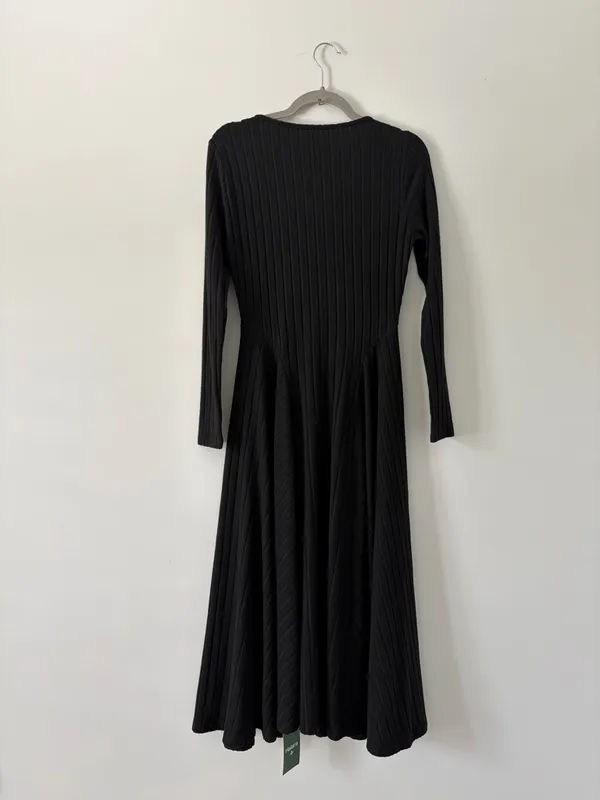 Halara V Neck Ribbed Long Sleeve Flare Midi Casual Pockets Dress Black M NWT - Image 6