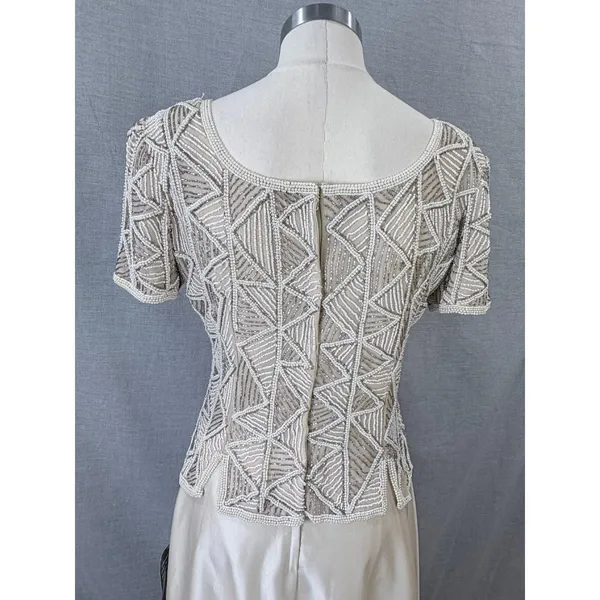 Vintage Stenay Beaded Silk Gown Ivory Geometric Seed Pearl Bodice Formal‎ Maxi 8 - Image 9