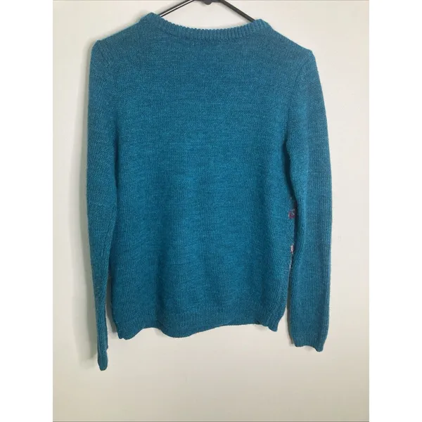 Garnet Hill Intarsia Sweater Teal Magenta Roses Wool Blend Small - Image 11