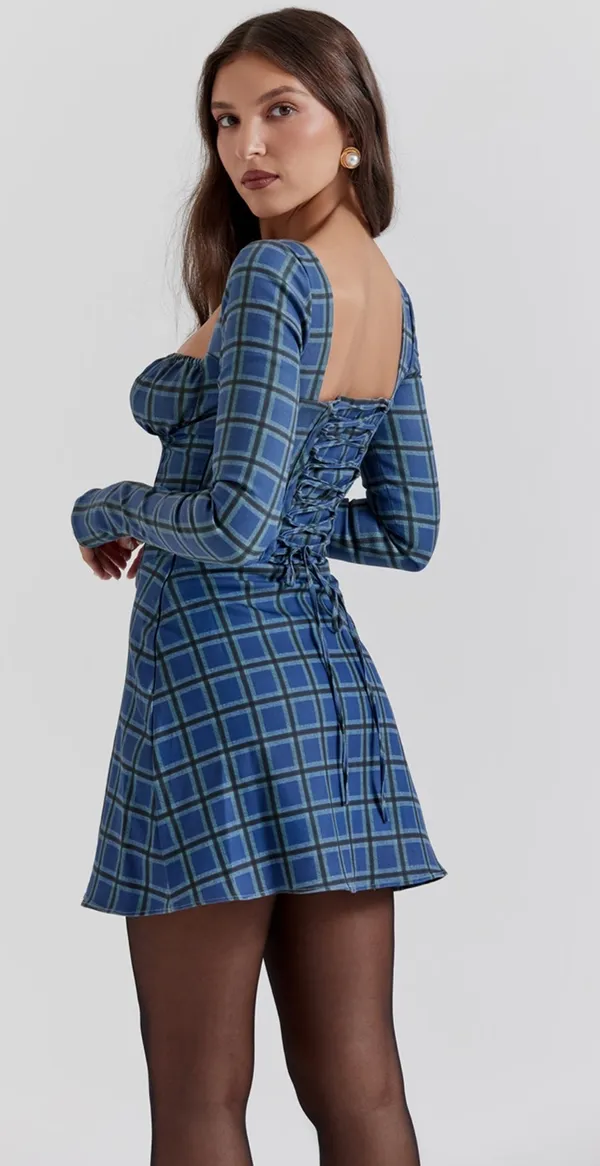 House of CB Malika Blue Tartan Corset Mini Dress - Image 2