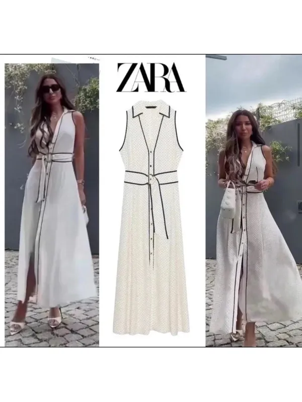 ZARA Cream Maxi Shirt Dress with Black Contrast Trim - Image 2