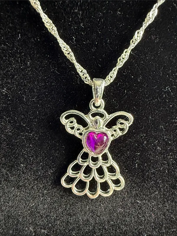 Mary Birthstone Angel Necklace - February Amethyst Color Pendant - new in box - Image 2