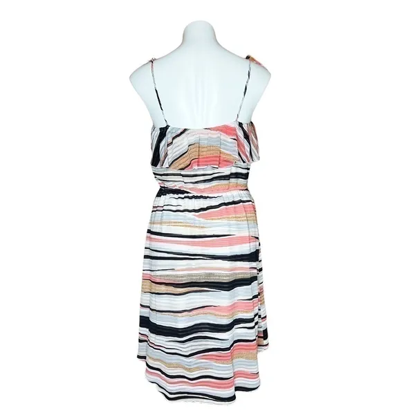 Takara Striped Ruffle Popover Tie Strap Midi Dress Pink Beach Boho Size Large - Image 3