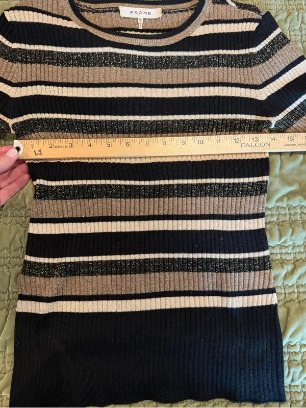 FRAME Metallic Stripe Ribbed Sweater XS Gold Multi Black Wool Blend Crewneck Y2K - Image 7