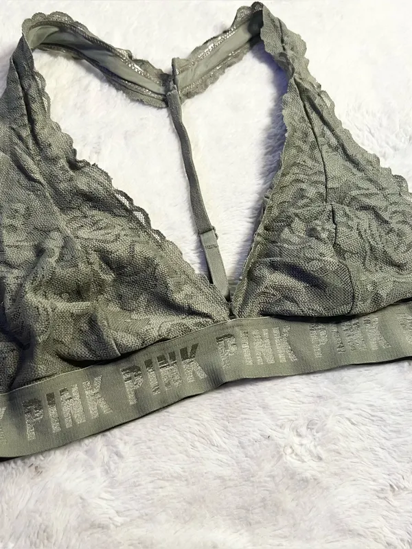 VS PINK Olive Green Lace T-Back Bralette Size Medium Wireless Comfort Bra - Image 2