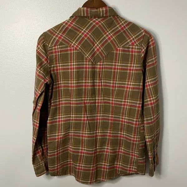 Women's Wrangler Khaki Green Plaid Pearl Snap Western Shirt Size S - Image 2
