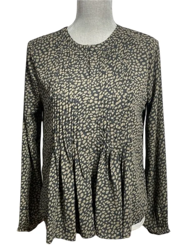 Ann Taylor Green & Black Printed Long Sleeve Blouse Size S Pleated Front - Image 2