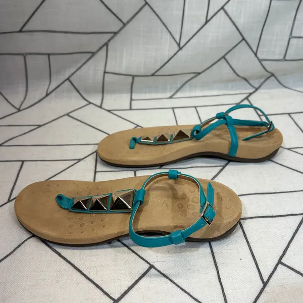 Vionic Sandals Size 8 Teal Leather Gold Studded Orthotic T-Strap‎ Ankle Strap - Image 4