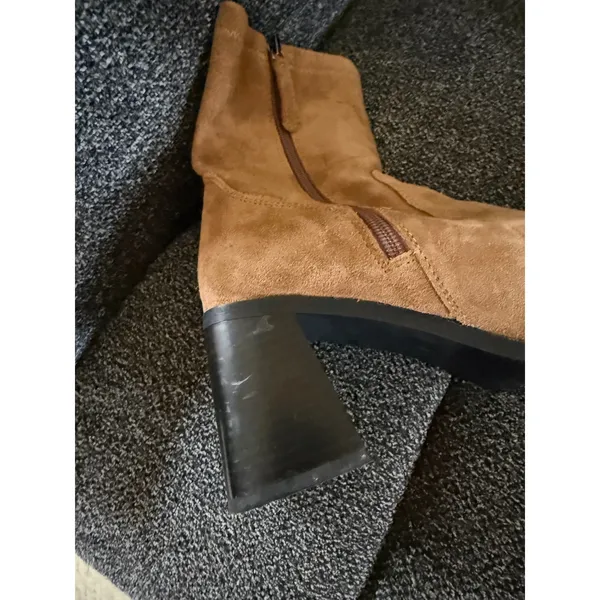ZARA Tan‎ Suede Block Heel Ankle Boots Side Zip Pointed Toe Women Size 40 - Image 4