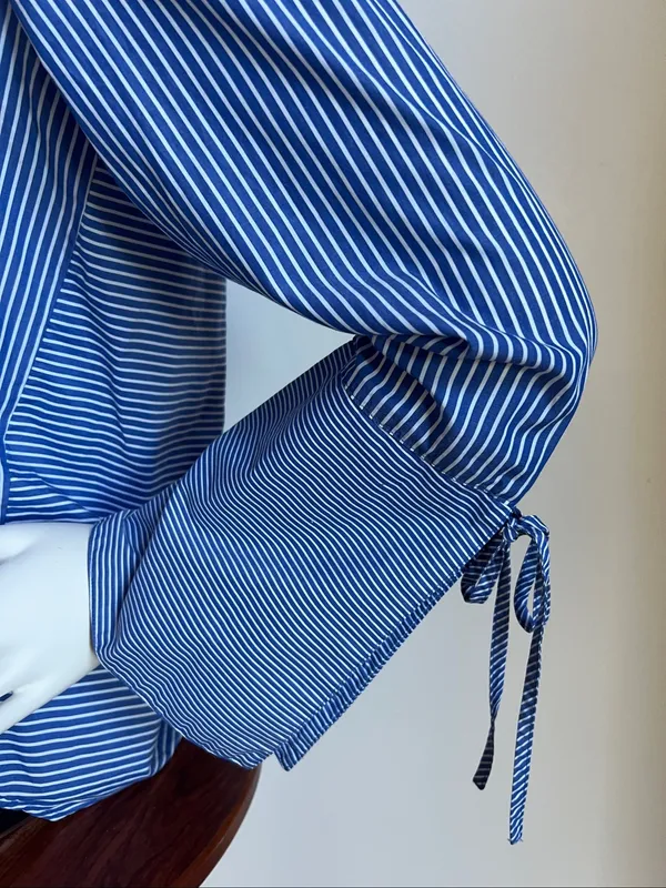 LOFT Blue & White Vertical Stripe Button-Down Shirt trumpet sleeve - Image 3