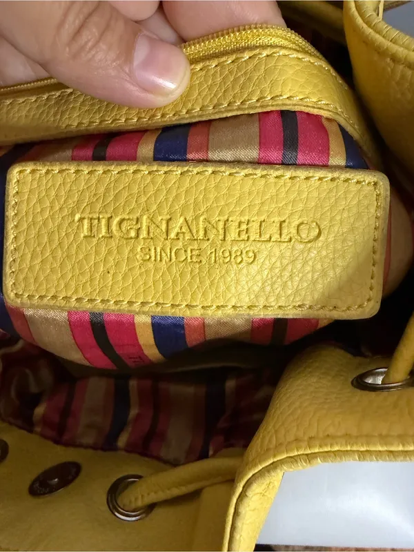 Tignanello Yellow Genuine Leather Bucket Bag Drawstring Shoulder Purse - Image 9