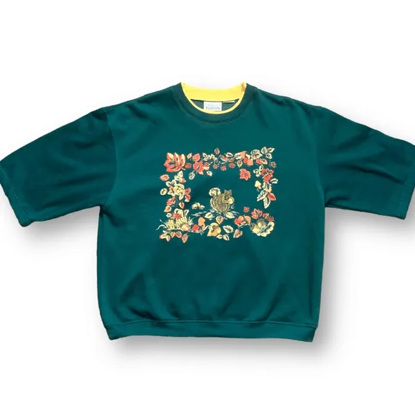Vintage Basic Editions‎ Sweatshirt Green Fall Leaves Squirrel Drop Shoulder OOAK Size M - Image 5