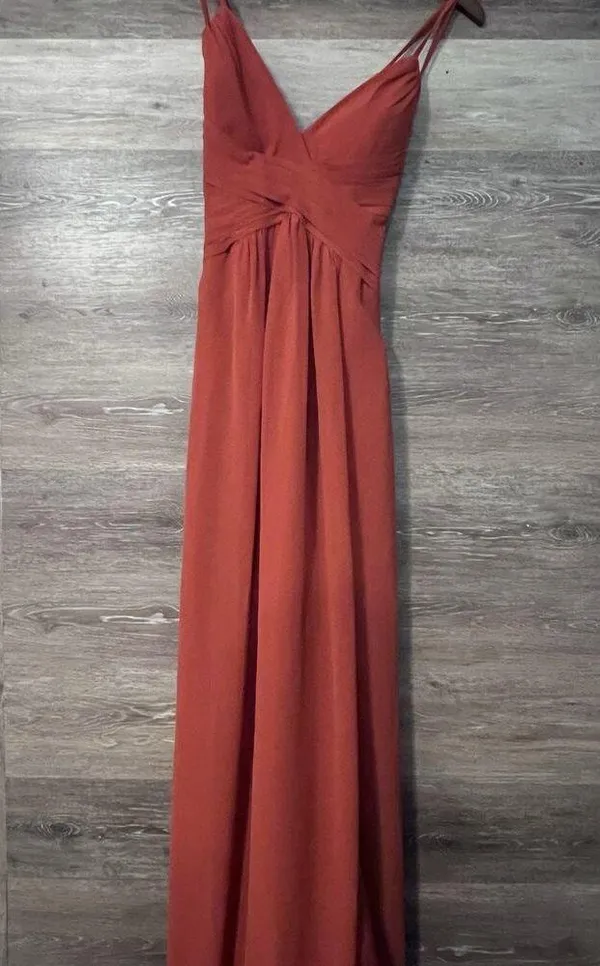 Azazie Paprika A line Pleated Chiffon Long Dress Farren Bridesmaid Formal Orange - Image 3