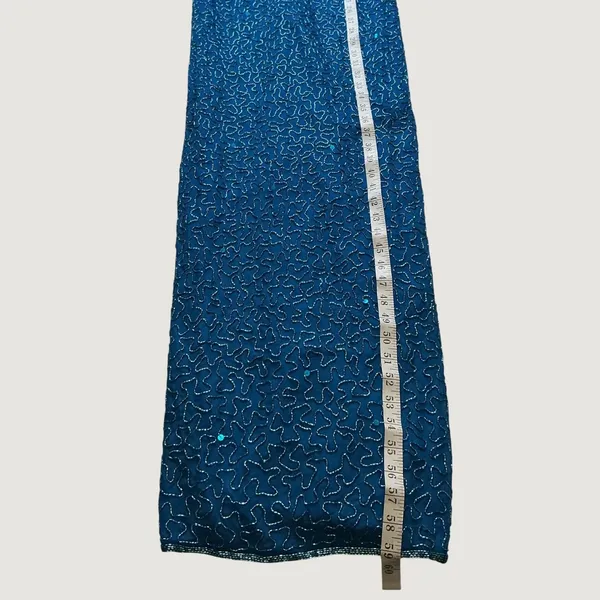 Scala Silk Beaded Gown Teal Blue Lattice Neckline Maxi Dress Small Formal Gown - Image 5