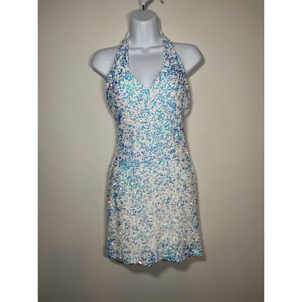 B DARLIN Size XS Sequin Bodycon Halter Mini Dress‎ Semi Formal Bachelorette - Image 3