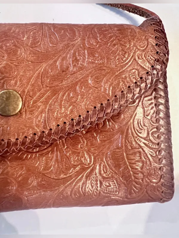 Hand-Tooled Leather Crossbody Purse Hand Made Floral Embossed Stitched Cognac - Image 5