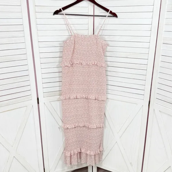 Mabel Daphne Ditsy Flower Ruffe Trim Smocked Midi Long Tube Dress Pink‎ Large - Image 10