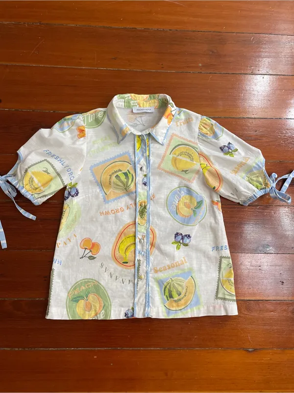 Prosperina Clementine Multi Print Cotton Linen Button Front Tie Sleeve Top 💛🎀 - Image 2