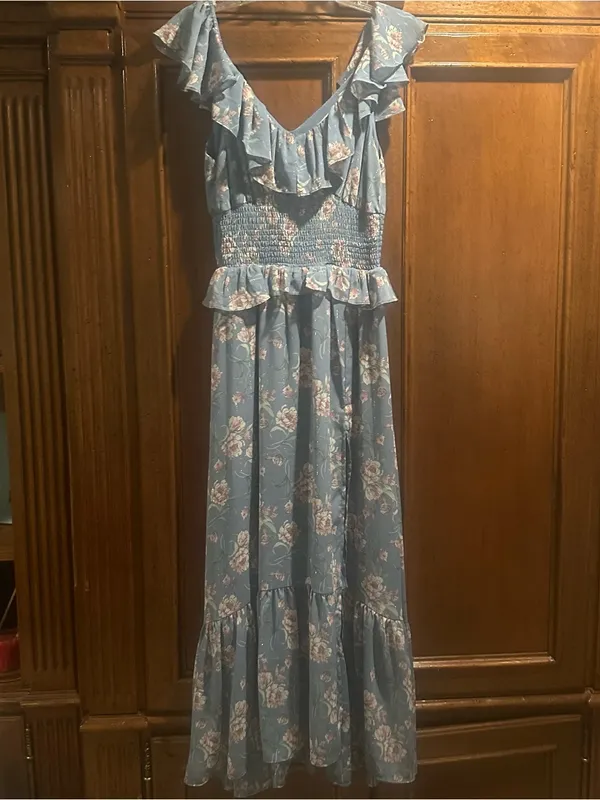 NWOT Floret Studios sz Small Blue Floral Ruffle Maxi Dress with Smocked Waist - Image 5