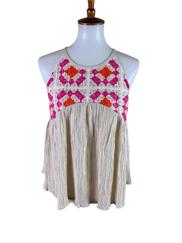 THML S Cream Crochet Floral Yoke Sleeveless Babydoll Boho Tunic Top - Image 2