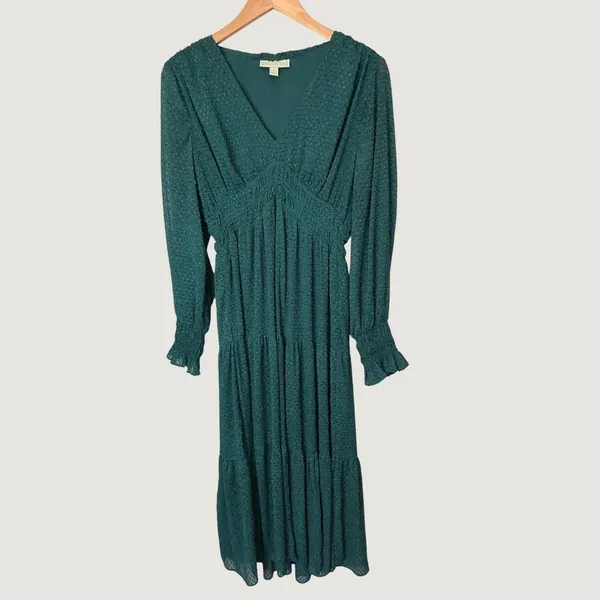 Ryegrass Hunter Green Clip Dot Smocked Tiered Maxi Dress Small VNeck Long Sleeve - Image 2