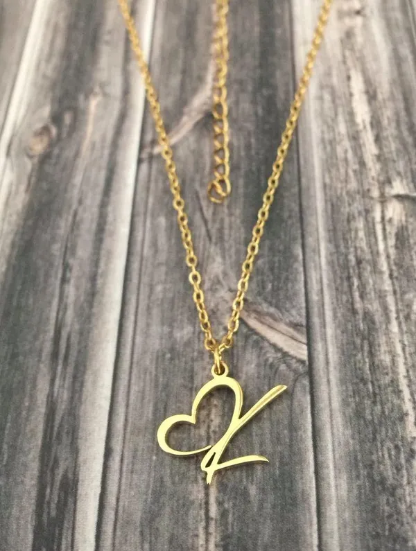 Letter K Cursive Heart Initial Necklace Gold - Image 2