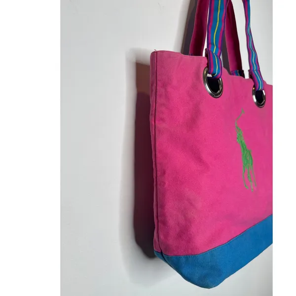 1980s–90s Ralph Lauren Polo Canvas Tote Bag Pink Blue Big Pony Cotton Carryall - Image 5