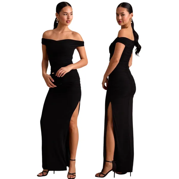 Lulus Scotia Black Mesh Ruched Off-the-Shoulder Maxi Dress size Large NWT - Image 2