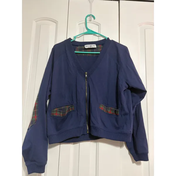 White Stag Cardigan Zip Up Plaid Elbow Patch Navy Blue Vintage Large - Image 2