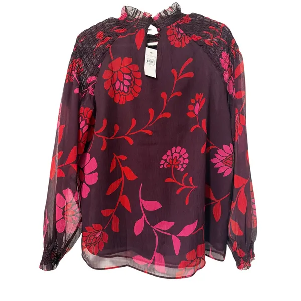 Ann Taylor Plum Red Floral Smocked Mock Neck Blouse Sheer Long‎ Sleeve NWT S - Image 2