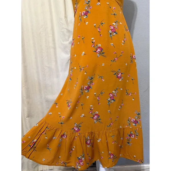 re:named Mustard Yellow Midi Dress Size M Floral Ruffle Sweetheart Keyhole Tie - Image 5