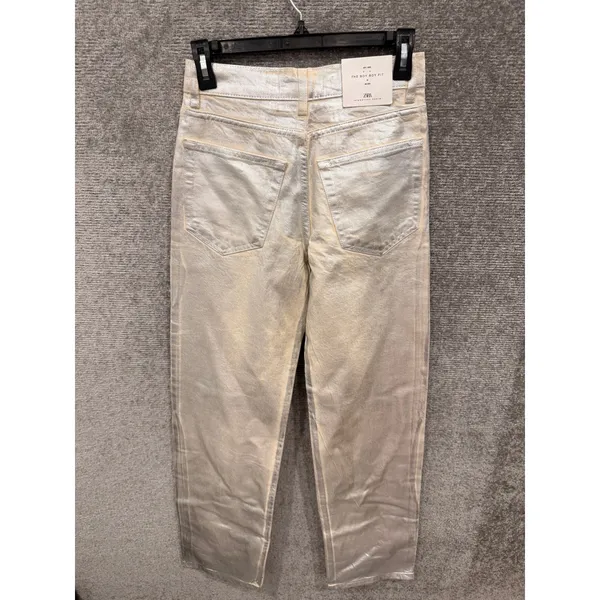 Zara Women Jeans Size 2 Silver The Boy Boy Fit Metallic Straight Leg Denim - Image 5