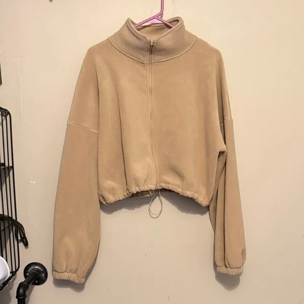 Tan Women's Soft Jacket Fleece Warm Zip Up size medium Minimalist Boho Trendy - Image 2