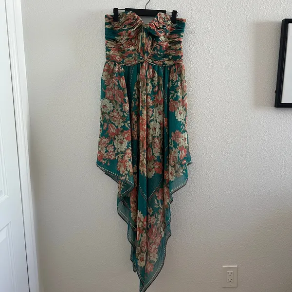 Y2k strapless Teal Floral Mariselle Garden Drape Midi Dress - Image 2
