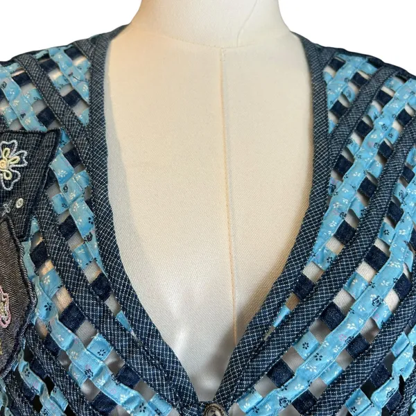 NAPA VALLEY Denim Vest SZ 1X Mixed Media Patches Open Weave Embroidery Western - Image 3