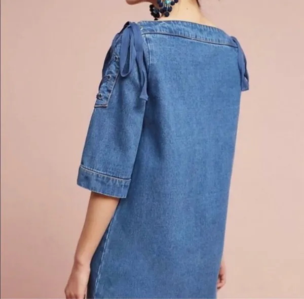 Anthropologie Maeve lace up shoulders denim dress - Image 3