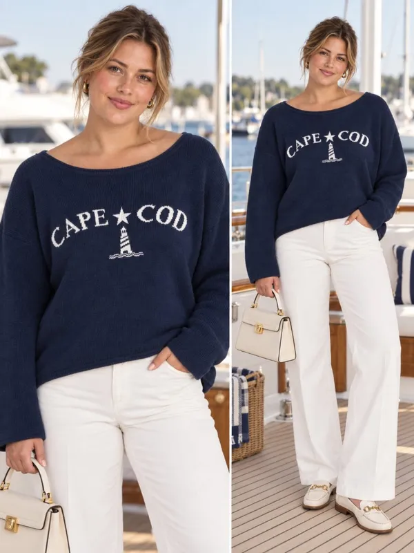 Wild Fable Cape Cod Knit Sweater Navy Blue Lighthouse Graphic Oversized XL NWT - Image 2