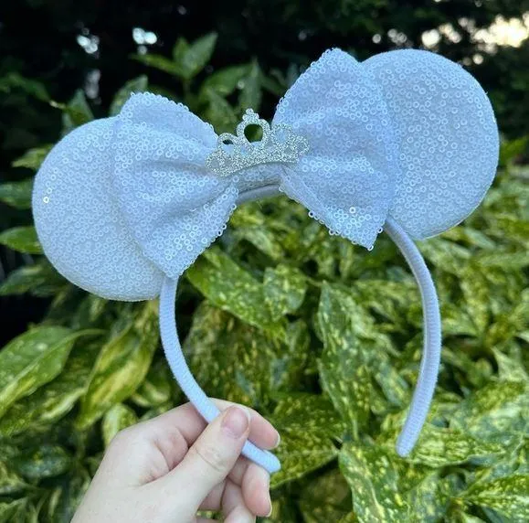 NEW White Glitter Sequin Bridal Wedding Tiara Disney Style Mouse Ears Headband - Image 2