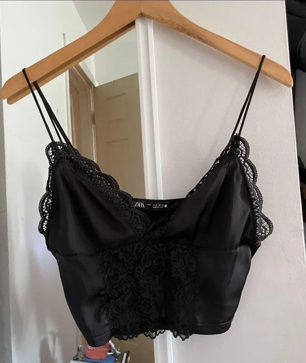 ZARA Black Combined Satin Lace Trim Cropped Bralette Top - Image 5