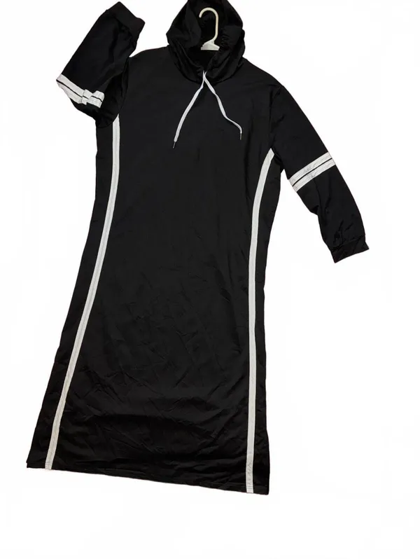 Black Drawstring Hoodie Maxi Dress White Contrast Racing Stripes 54”L - Image 4